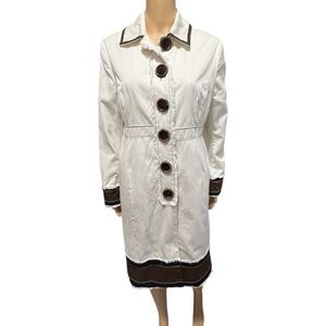 Boden Ivory Trench Coat with Brown & Navy Blue Accents Cute Fringe Size 12